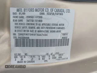 2000 Mercury Grand Marquis LS с VIN 2MEFM75W4YX667444, выставлен на аукционе IAAI как лот 42262846 с пробегом 163 108 миль миль и . История ставок и продаж доступна на DreamBid. Изображение 9.