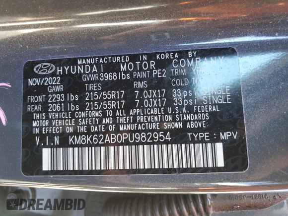 2023 Hyundai Kona SEL with VIN KM8K62AB0PU982954, listed as a Copart auction lot 47078835 with 19,102 mi miles and Salvage Title. Bid and sale history available at DreamBid. Image 13.