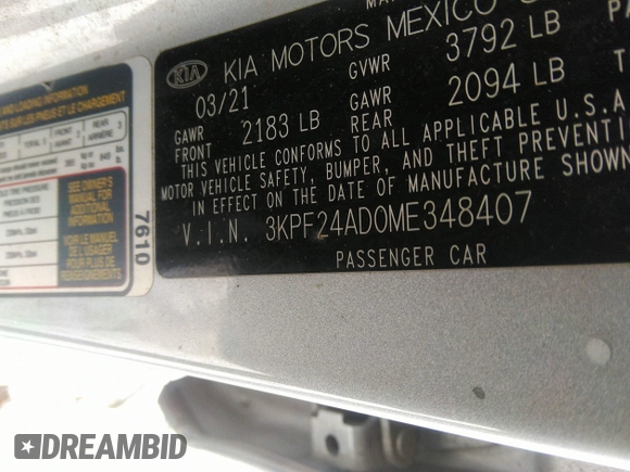 2021 Kia Forte FE with VIN 3KPF24AD0ME348407, listed as a IAAI auction lot 41342204 with 23,226 mi miles and . Bid and sale history available at carsss.com. Image 9.