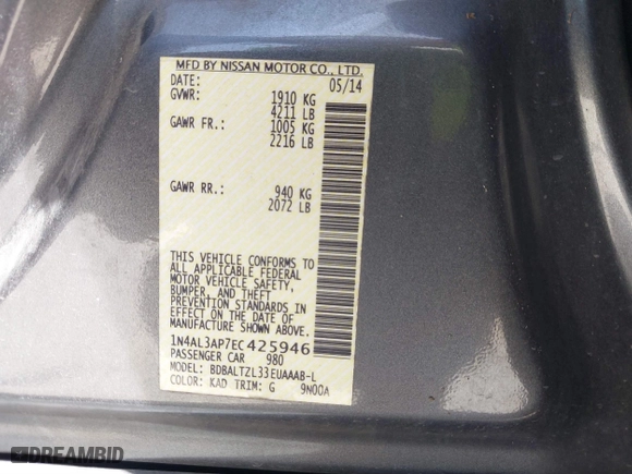 2014 Nissan Altima 2.5 SV with VIN 1N4AL3AP7EC425946, listed as a IAAI auction lot 41712045 with 227,734 mi miles. Bid and sale history available at carsss.com. Image 9.