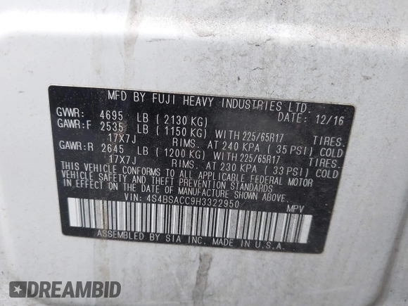 2017 Subaru Outback Premium with VIN 4S4BSACC9H3322950, listed as a IAAI auction lot 41935582 with 98,170 mi miles and . Bid and sale history available at DreamBid. Image 9.