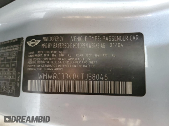 2004 MINI Hardtop with VIN WMWRC33404TJ58046, listed as a Copart auction lot 46358625 with 140,934 mi miles and Salvage Title. Bid and sale history available at DreamBid. Image 14.