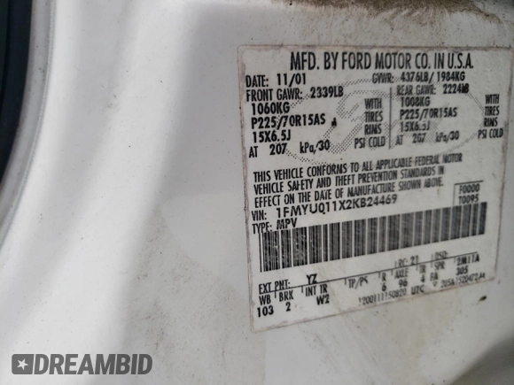 2002 Ford Escape XLS Choice with VIN 1FMYU011X2KB24469, listed as a Copart auction lot 76462504 with Not provided miles and Salvage title. Bid and sale history available at DreamBid. Image 15.