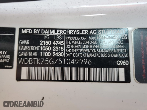 2005 Mercedes-Benz CLK 500 z VIN WDBTK75G75T049996, wystawiony jako Copart lot #47252015 z przebiegiem 141 969 mil mil oraz Szkoda całkowita • Salvage title. Historia ofert i sprzedaży dostępna na DreamBid. Obrazek 12.