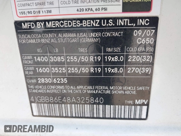 2008 Mercedes-Benz M 350 with VIN 4JGBB86E48A325840, listed as a IAAI auction lot 42199623 with 185,979 mi miles and . Bid and sale history available at DreamBid. Image 9.