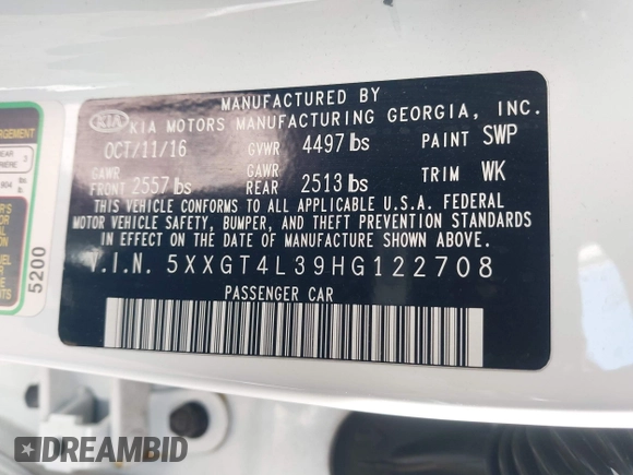 2017 Kia Optima LX with VIN 5XXGT4L39HG122708, listed as a IAAI auction lot 42024524 with 94,768 mi miles and . Bid and sale history available at carsss.com. Image 9.