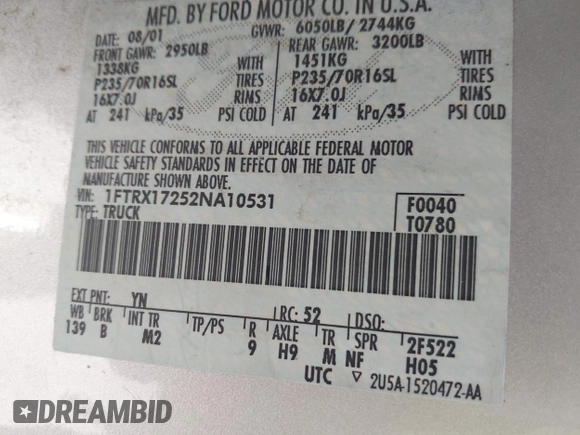 2002 Ford F-150 XL with VIN 1FTRX17252NA10531, listed as a IAAI auction lot 42686395 with 159,211 mi miles and . Bid and sale history available at DreamBid. Image 9.