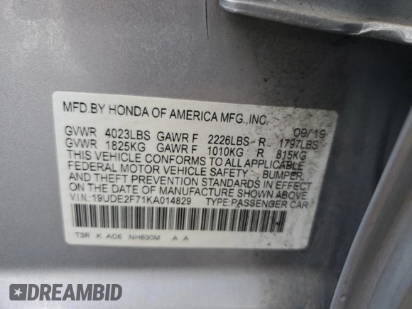 2019 Acura ILX Premium with VIN 19UDE2F71KA014829, listed as a Copart auction lot 58769395 with 52,209 mi miles and Salvage title. Bid and sale history available at DreamBid. Image 12.