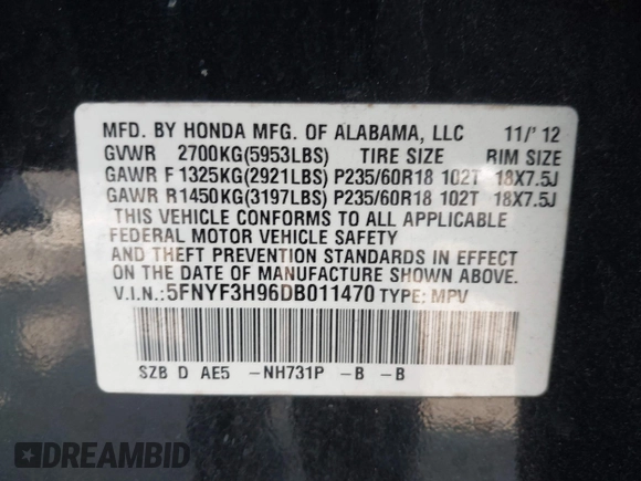 2013 Honda Pilot Touring with VIN 5FNYF3H96DB011470, listed as a IAAI auction lot 42535022 with 201,380 mi miles and . Bid and sale history available at DreamBid. Image 9.