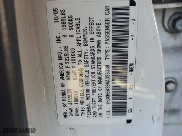 2006 Honda Accord Sdn LX SE with VIN 1HGCM56396A026388, listed as a Copart auction lot 51263675 with 242,137 mi miles and Salvage Title. Bid and sale history available at carsss.com. Image 12.