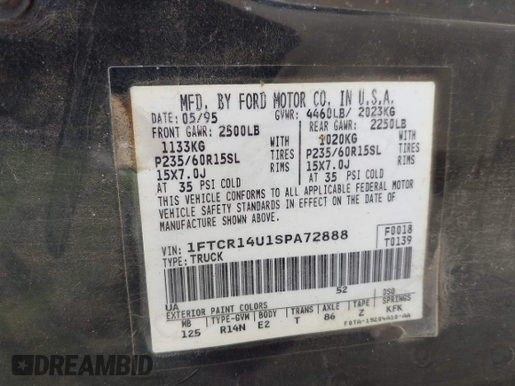 1995 Ford Ranger Splash with VIN 1FTCR14U1SPA72888, listed as a IAAI auction lot 42541436 with 146,630 mi miles and . Bid and sale history available at DreamBid. Image 9.