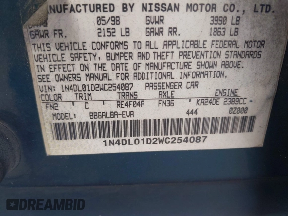 1998 Nissan Altima XE with VIN 1N4DL01D2WC254087, listed as a IAAI auction lot 42184722 with 255,372 mi miles and . Bid and sale history available at carsss.com. Image 9.