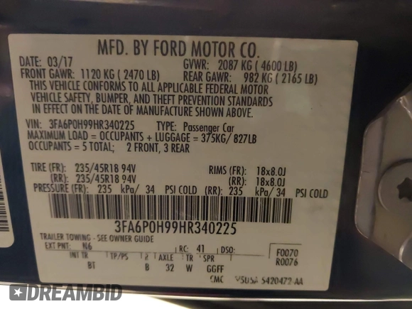 2017 Ford Fusion SE with VIN 3FA6P0H99HR340225, listed as a IAAI auction lot 41977752 with 97,385 mi miles. Bid and sale history available at carsss.com. Image 9.