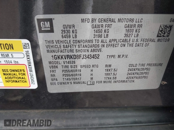 2015 GMC Acadia SLT with VIN 1GKKVRKD8FJ343452, listed as a IAAI auction lot 41173767 with 125,478 mi miles. Bid and sale history available at carsss.com. Image 9.