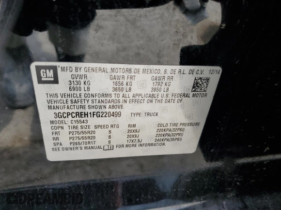 2015 Chevrolet Silverado 1500 LT with VIN 3GCPCREH1FG220499, listed as a Copart auction lot 55323985 with 133,121 mi miles and Clean Title. Bid and sale history available at DreamBid. Image 12.