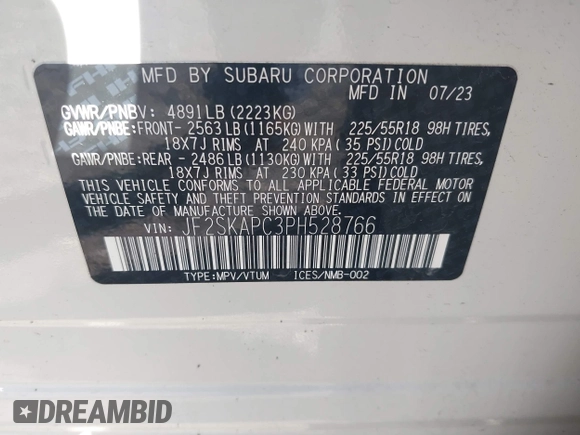 2023 Subaru Forester Limited с VIN JF2SKAPC3PH528766, выставлен на аукционе IAAI как лот 42052554 с пробегом 19 694 миль миль и . История ставок и продаж доступна на DreamBid. Изображение 9.