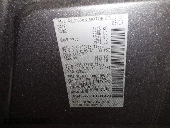 2015 Nissan Pathfinder Platinum with VIN 5N1AR2MMXFC661069, listed as a IAAI auction lot 42406749 with 178,563 mi miles and . Bid and sale history available at DreamBid. Image 9.