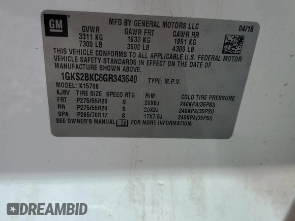 2016 GMC Yukon SLT z VIN 1GKS2BKC6GR343640, wystawiony jako Copart lot #55472325 z przebiegiem 217 065 mil mil oraz Szkoda całkowita • Salvage title. Historia ofert i sprzedaży dostępna na DreamBid. Obrazek 13.