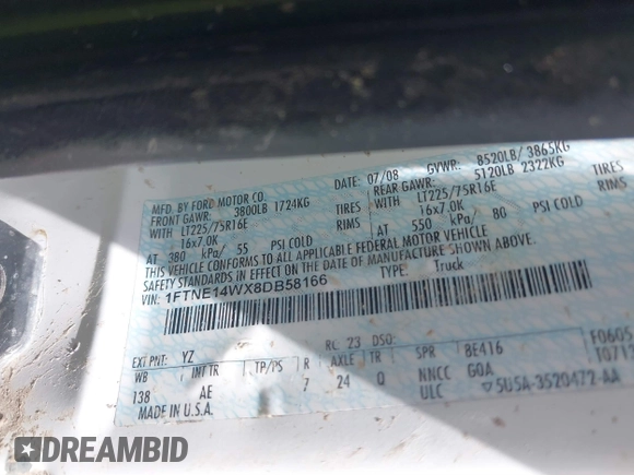 2008 Ford Econoline Cargo Commercial with VIN 1FTNE14WX8DB58166, listed as a IAAI auction lot 41758434 with Not provided miles and . Bid and sale history available at DreamBid. Image 9.