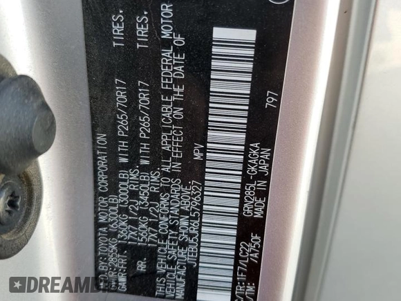 2020 Toyota 4Runner SR5 with VIN JTEBU5JR6L5796327, listed as a Copart auction lot 58656965 with 64,678 mi miles and Salvage title. Bid and sale history available at DreamBid. Image 13.