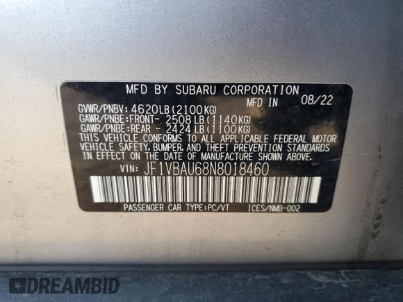 2022 Subaru WRX GT with VIN JF1VBAU68N8018460, listed as a Copart auction lot 44725875 with 85,512 mi miles and Salvage title. Bid and sale history available at DreamBid. Image 14.