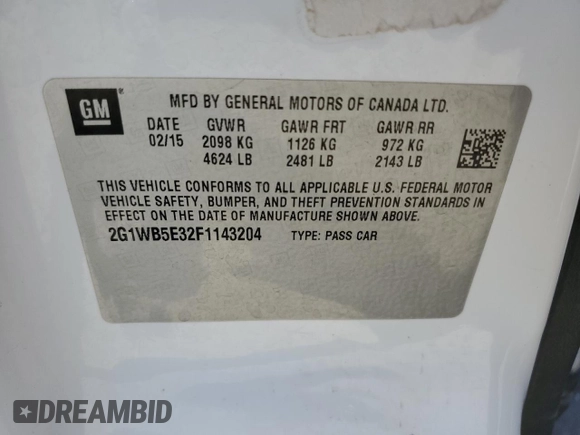 2015 Chevrolet Impala LT с VIN 2G1WB5E32F1143204, выставлен на аукционе Copart как лот 57075425 с пробегом 144 787 миль миль и Списание • Salvage title. История ставок и продаж доступна на DreamBid. Изображение 13.