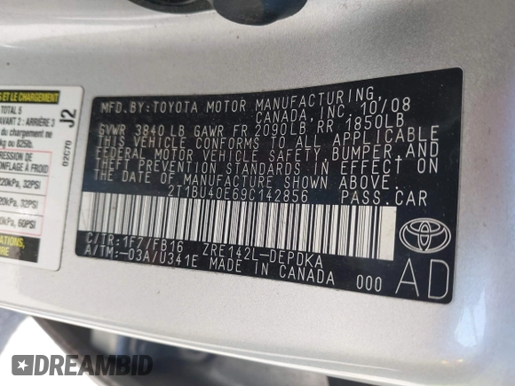 2009 Toyota Corolla with VIN 2T1BU40E69C142856, listed as a IAAI auction lot 42045414 with 238,154 mi miles. Bid and sale history available at carsss.com. Image 9.