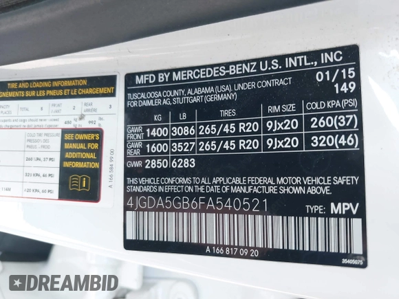 2015 Mercedes-Benz M 400 with VIN 4JGDA5GB6FA540521, listed as a IAAI auction lot 42315812 with 102,931 mi miles and . Bid and sale history available at DreamBid. Image 9.