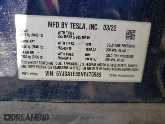 2022 Tesla Model S z VIN 5YJSA1E55NF475989, wystawiony jako Copart lot #88104975 z przebiegiem Nie podano mil oraz Szkoda całkowita • Salvage title. Historia ofert i sprzedaży dostępna na DreamBid. Obrazek 14.