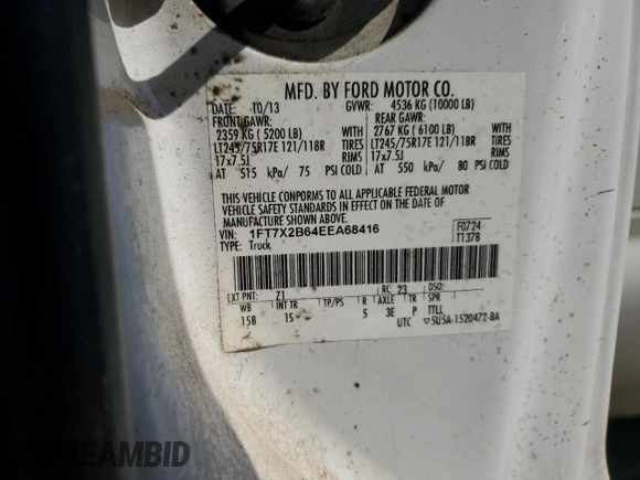 2014 Ford F-250 XL z VIN 1FT7X2B64EEA68416, wystawiony jako Copart lot #59784395 z przebiegiem 219 079 mil mil oraz Szkoda całkowita • Salvage title. Historia ofert i sprzedaży dostępna na DreamBid. Obrazek 12.