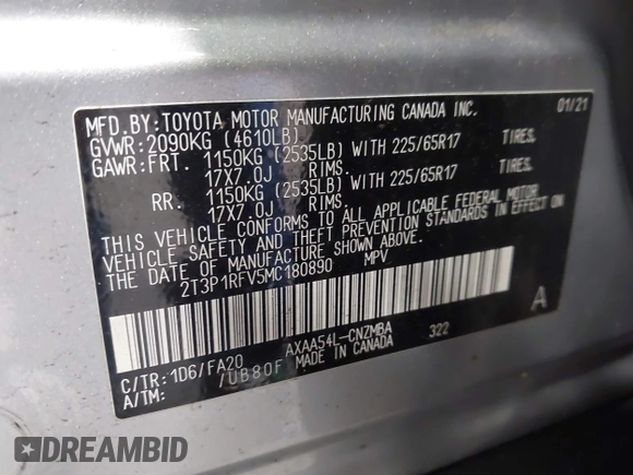 2021 Toyota RAV4 XLE with VIN 2T3P1RFV5MC180890, listed as a IAAI auction lot 42567858 with 56,961 mi miles and . Bid and sale history available at DreamBid. Image 9.