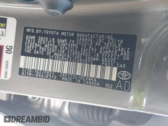 2018 Toyota Corolla L с VIN 2T1BURHEXJC083073, выставлен на аукционе IAAI как лот 41034682 с пробегом 28 730 миль миль и . История ставок и продаж доступна на DreamBid. Изображение 9.