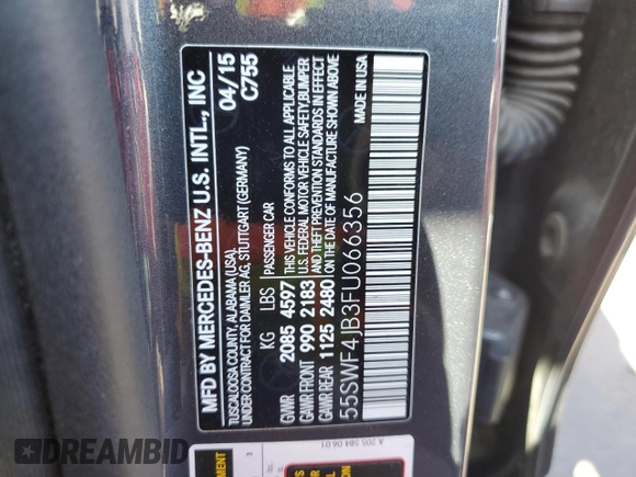2015 Mercedes-Benz C 300 z VIN 55SWF4JB3FU066356, wystawiony jako Copart lot #56933205 z przebiegiem 93 917 mil mil oraz Szkoda całkowita • Salvage title. Historia ofert i sprzedaży dostępna na DreamBid. Obrazek 13.
