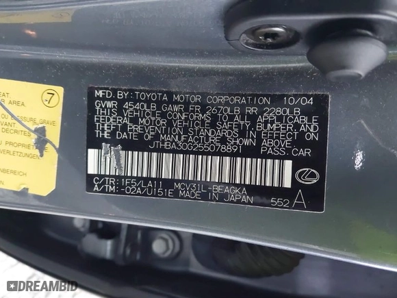 2005 Lexus ES 330 with VIN JTHBA30G255078891, listed as a IAAI auction lot 41795484 with 138,089 mi miles. Bid and sale history available at carsss.com. Image 9.