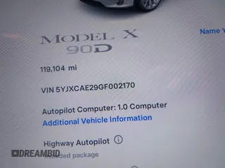 2016 Tesla Model X 70D z VIN 5YJXCAE29GF002170, wystawiony jako IAAI lot #42334842 z przebiegiem 119 104 mil mil oraz . Historia ofert i sprzedaży dostępna na DreamBid. Obrazek 16.