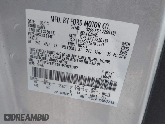 2013 Ford F-150 XL z VIN 1FTFX1ET2DFB87307, wystawiony jako IAAI lot #42296976 z przebiegiem 134 943 mil mil oraz . Historia ofert i sprzedaży dostępna na DreamBid. Obrazek 9.