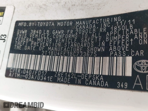 2011 Toyota Corolla L with VIN 2T1BU4EE1BC733675, listed as a IAAI auction lot 41837013 with 173,282 mi miles. Bid and sale history available at carsss.com. Image 9.