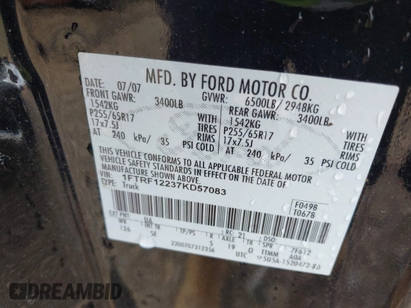 2007 Ford F-150 XL with VIN 1FTRF12237KD57083, listed as a IAAI auction lot 41917743 with 248,032 mi miles. Bid and sale history available at carsss.com. Image 9.