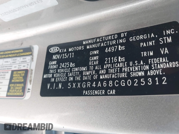 2012 Kia Optima SX with VIN 5XXGR4A68CG025312, listed as a IAAI auction lot 42059942 with 229,150 mi miles and . Bid and sale history available at carsss.com. Image 9.