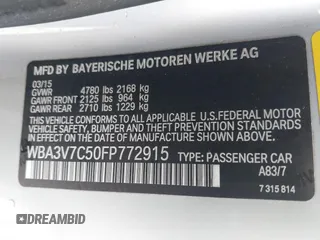 2015 BMW 4 Series 428i with VIN WBA3V7C50FP772915, listed as a IAAI auction lot 41526014 with 116,800 mi miles. Bid and sale history available at carsss.com. Image 9.