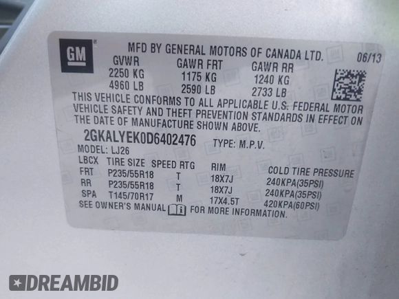 2013 GMC Terrain Denali with VIN 2GKALYEK0D6402476, listed as a IAAI auction lot 41447367 with 182,398 mi miles and . Bid and sale history available at DreamBid. Image 9.