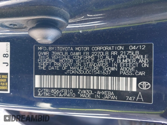2012 Toyota Prius One z VIN JTDKN3DU0C1541637, wystawiony jako IAAI lot #42287274 z przebiegiem 237 031 mil mil oraz . Historia ofert i sprzedaży dostępna na DreamBid. Obrazek 9.
