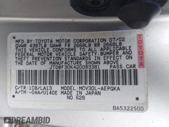 2002 Toyota Camry XLE z VIN JTDBF30K420083381, wystawiony jako IAAI lot #42368073 z przebiegiem 148 746 mil mil oraz . Historia ofert i sprzedaży dostępna na DreamBid. Obrazek 9.