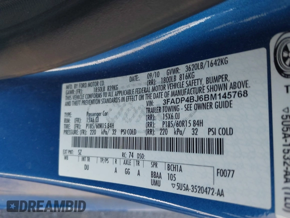 2011 Ford Fiesta SE with VIN 3FADP4BJ6BM145768, listed as a IAAI auction lot 42192387 with 159,825 mi miles and . Bid and sale history available at carsss.com. Image 9.