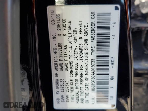 2010 Honda Accord Sdn EX-L with VIN 1HGCP3F89AA019733, listed as a Copart auction lot 49500985 with 159,974 mi miles and Salvage Title. Bid and sale history available at carsss.com. Image 12.