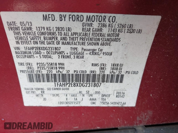2013 Ford Taurus SEL with VIN 1FAHP2E8XDG231807, listed as a IAAI auction lot 41774166 with 120,639 mi miles and . Bid and sale history available at carsss.com. Image 9.