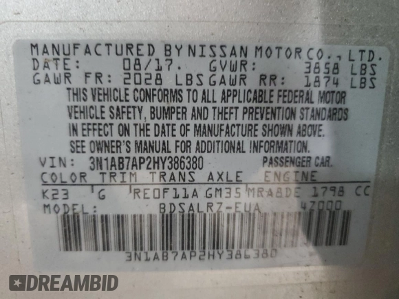 2017 Nissan Sentra SR with VIN 3N1AB7AP2HY386380, listed as a Copart auction lot 53996325 with 37,913 mi miles and Salvage title. Bid and sale history available at DreamBid. Image 12.