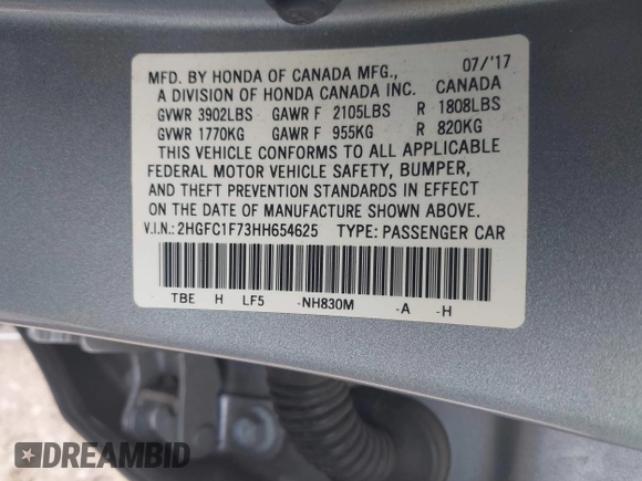 2017 Honda Civic Sedan EX-L with VIN 2HGFC1F73HH654625, listed as a IAAI auction lot 41962609 with 77,991 mi miles. Bid and sale history available at carsss.com. Image 9.