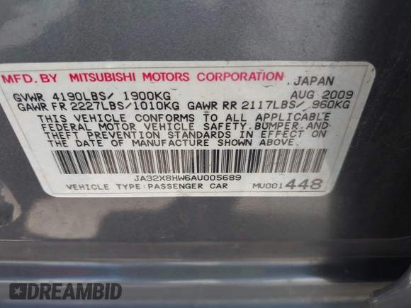 2010 Mitsubishi Lancer GTS z VIN JA32X8HW6AU005689, wystawiony jako IAAI lot #42467923 z przebiegiem 166 508 mil mil oraz . Historia ofert i sprzedaży dostępna na DreamBid. Obrazek 9.