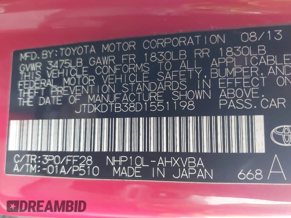 2013 Toyota Prius One with VIN JTDKDTB38D1551198, listed as a IAAI auction lot 41927673 with 148,249 mi miles and . Bid and sale history available at DreamBid. Image 9.